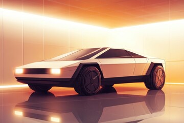 A futuristic concept vehicle showcased inside a brightly lit interior space