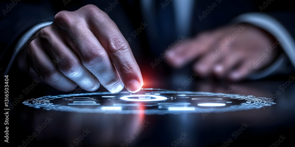 Aufkleber close-up of a finger activating a futuristic digital interface, abstract background with glowing lin