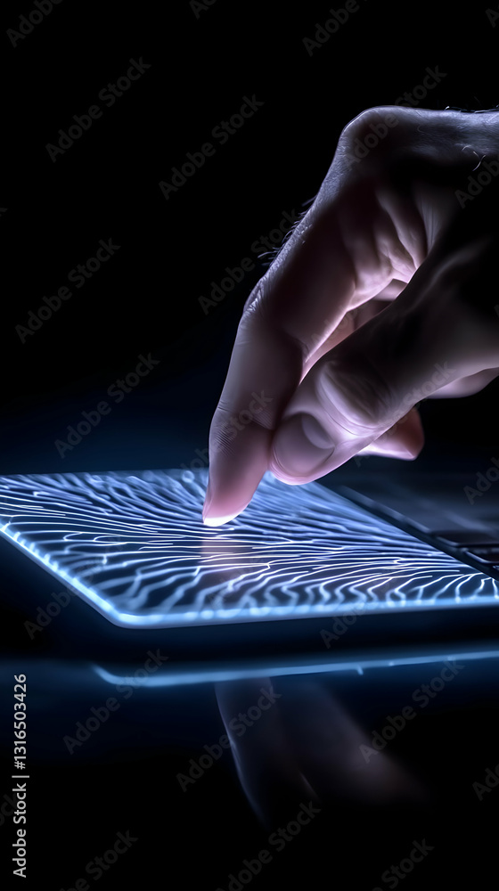 Poster abstract 3d illustration of a finger interacting with a luminous, networked interface, dark backgrou