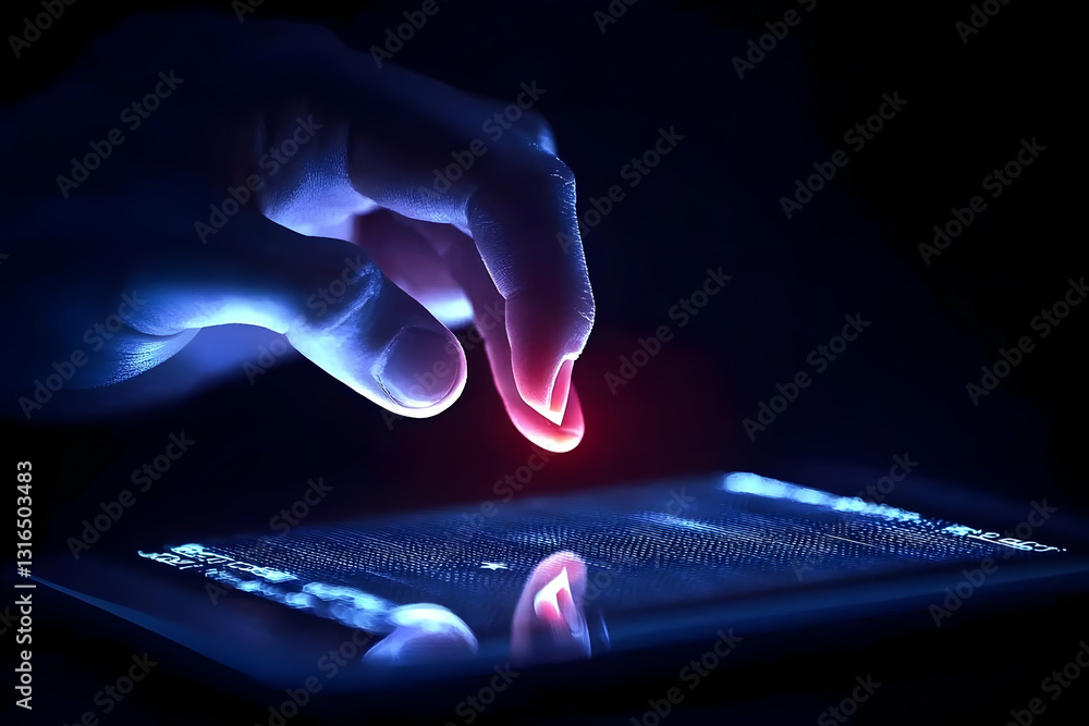 Poster abstract digital fingertip interacting with glowing screen interface, futuristic technology concept 