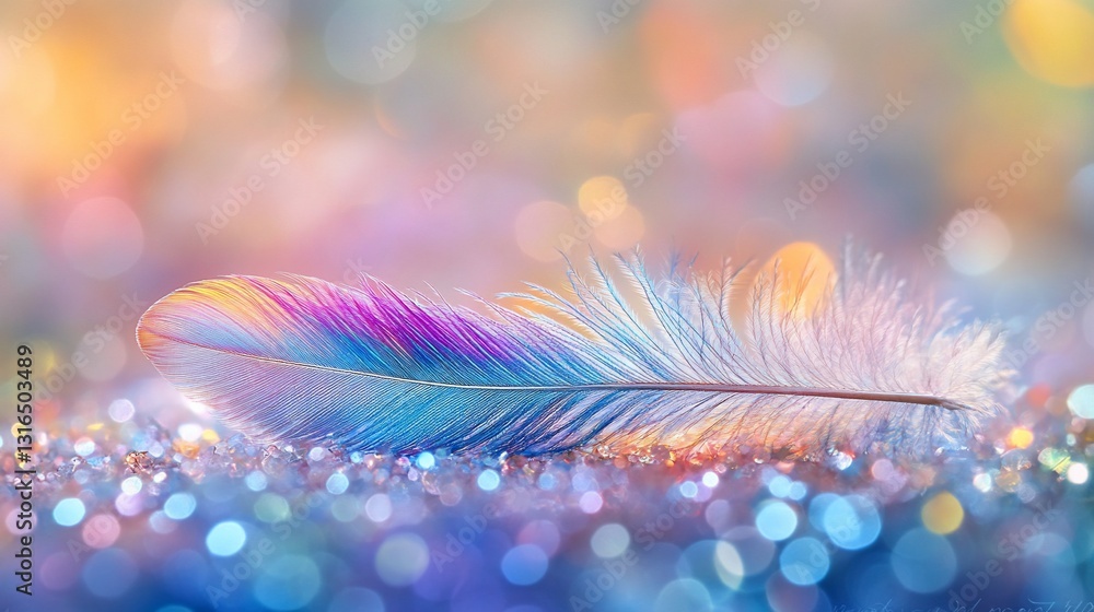 Poster colorful feather lying on sparkly ground with bokeh background