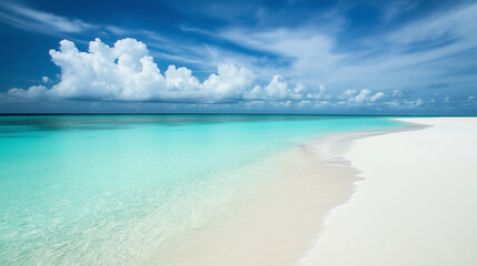 Traumhafter tropischer Strand mit t&uuml;rkisblauem Meer, wei&szlig;em Sand und dramatischem Wolkenhimmel. Paradiesische K&uuml;stenlandschaft in unber&uuml;hrter Natur ohne Menschenspuren