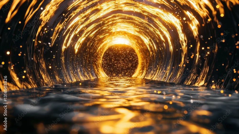 Poster mesmerizing golden light portal underground tunnel dynamic visuals enigmatic environment eye-level v
