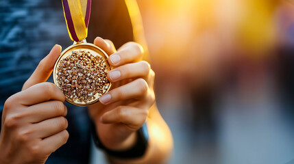 A close-up shot of a runner holding a marathon medal with a golden textured design, reflecting warm sunlight, symbolizing achievement and perseverance