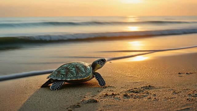 Serene Turtle Moves Across Golden Sandy Beach as Sun Sets Over Ocean, Embracing Natures Tranquil Beauty
