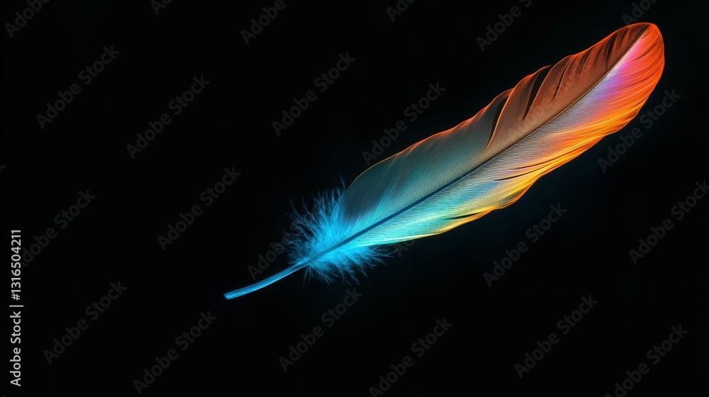 Poster dynamic single feather in pitch black setting nature artwork ethereal viewpoint abstract concept