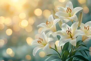 Obraz premium Beautiful white lilies blooming in a serene setting with soft sunlight and blurred background