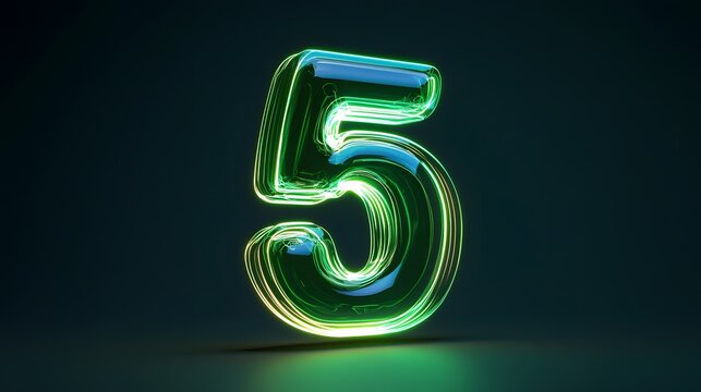 A vibrant neon green number "5" radiating a soft, glowing light from within. The edges have a slight halo effect, and the surface appears smooth with a futuristic, high-tech aesthetic. The light