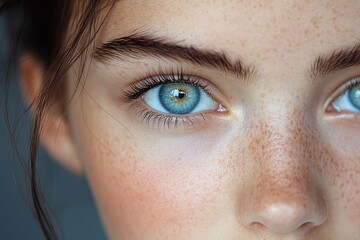 Fototapeta premium Young girl with striking blue eyes showcases natural beauty