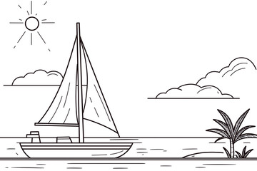 Black and White Line Drawing, Outline of a Sailboat near an Island
