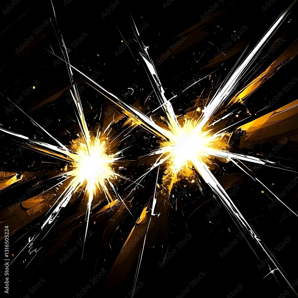 Poster abstract golden and white light explosions radiate dynamically across dark background, creating an e