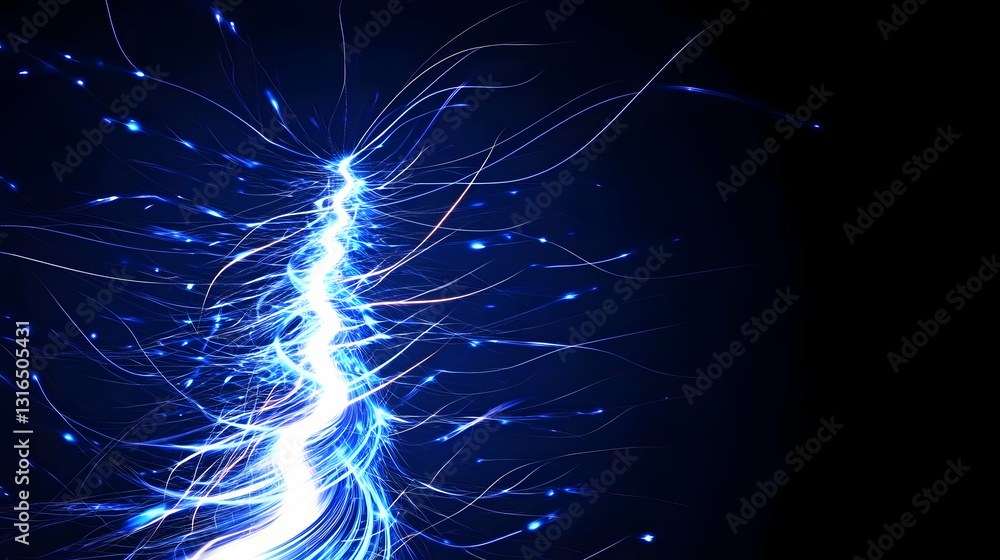 Poster abstract blue energy stream background: glowing lines and sparks radiate dynamically from central po