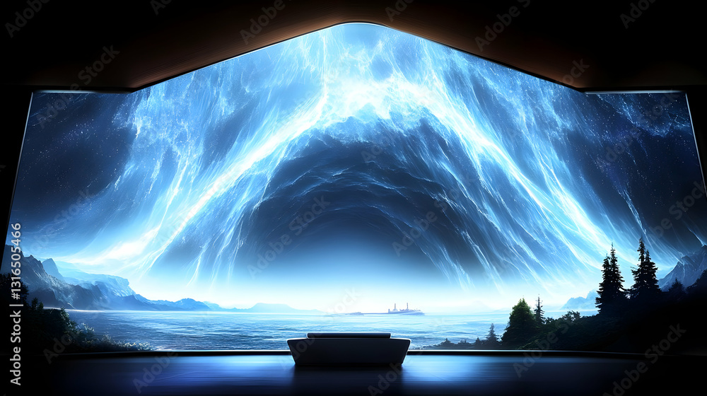 Poster digital art of a seascape with a glowing aurora borealis-like phenomenon displayed on a large screen