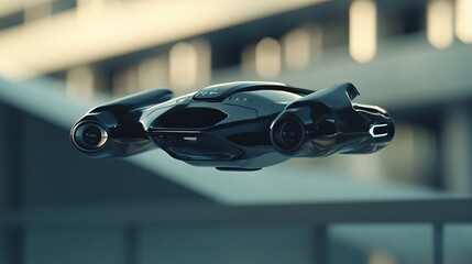 Futuristic Black Flying Car Design Modern Vehicle Transportation Innovation Technology Concept Electric Automotive Clean Energy Air Vehicle Drone