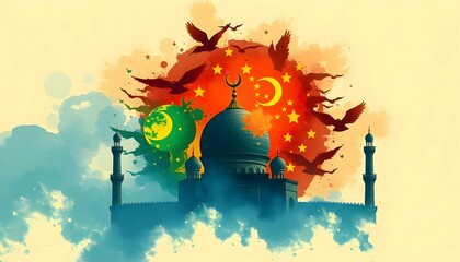 Obraz premium A vibrant, stylized illustration of a mosque, evoking a sense of cultural exchange