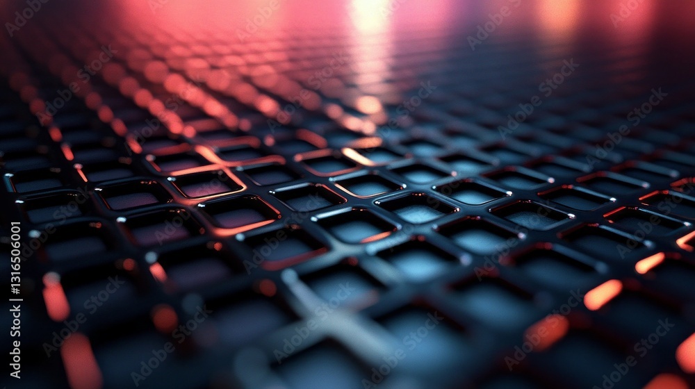 Poster In a captivating display of design, a grid of textured metal mesh reflects colorful lights, creating a dynamic interplay of shadows and hues. The late-night ambiance enhances the visual allure