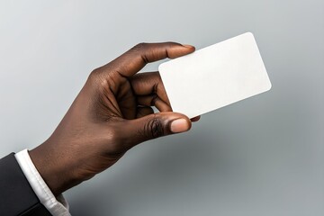 Close-up of a dark-skinned hand holding a blank white business card against a neutral background. The hand wears a stylish black leather watch. Realistic branding mockup for corporate identity present