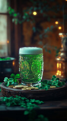 St. Patrick’s Day Still Life with Green Beer, Irish Whiskey, Shamrocks, and Gold Coins in a Cozy Pub Setting