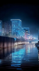 Night Cityscape: Illuminated Buildings Reflecting on Calm Water, Modern Urban Scene at Night with Neon Lights.