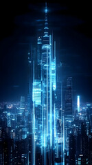 Obraz premium Digital Cityscape: Futuristic Skyscrapers Illuminated with Bright Blue Neon Lights at Night