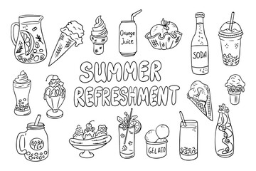 Summer refreshment hand drawn illustration featuring various cold drinks, ice cream, and desserts in a black and white line art style. Vector line art drawings for coloring pages