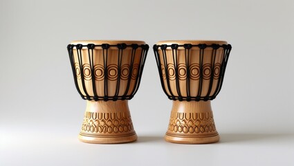 Pair of Carved Wooden Toy Drums Featuring Intricate Designs on a White Background Musical Percussion Instruments