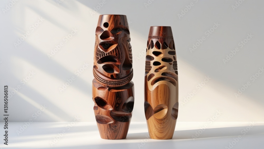 Poster pair of ornate carved wooden didgeridoos in studio setting displaying intricate patterns and texture
