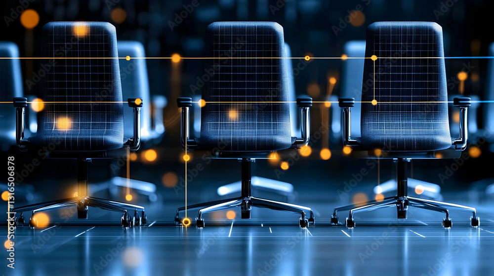 Poster abstract 3d rendering of connected office chairs in a modern workspace, illuminated by warm lights, 