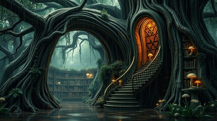 A grand library is nestled inside a massive tree with winding stairs and glowing lamps surrounded by lush foliage and gentle rain at twilight