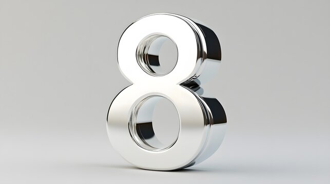 A sleek number "8" made from silver-plated metal, with a polished, reflective surface. The number gleams in the soft light, casting small reflections on the white background, giving it a high-end,