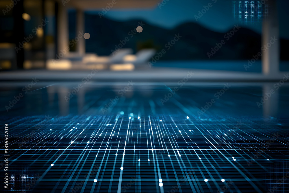 Poster abstract 3d digital network grid background with blurry modern house poolside at dusk