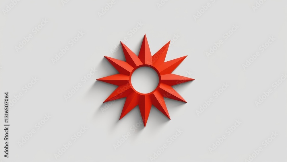 Poster red starburst geometric design with radial symmetry in three dimensional rendering on white backgrou