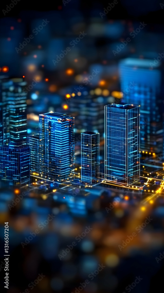 Poster digital cityscape: illuminated skyscrapers at night, abstract 3d rendering of urban architecture wit