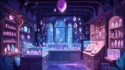 A magical gem shop displays various crystals in a mystical environment