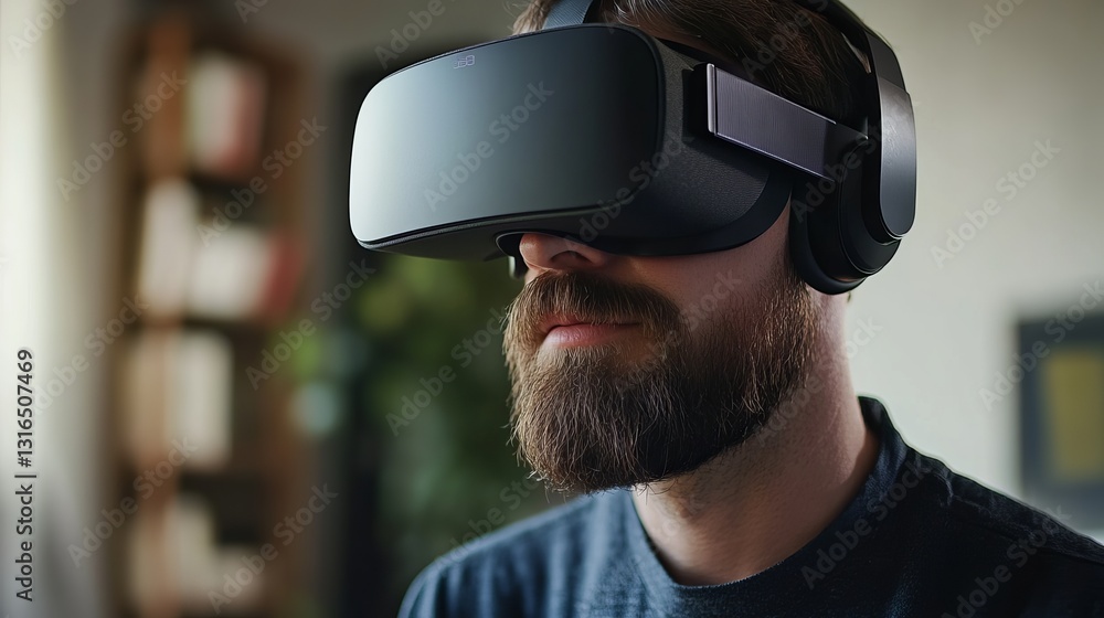 Aufkleber man using modern virtual reality headset immersive technology experience futuristic digital world en