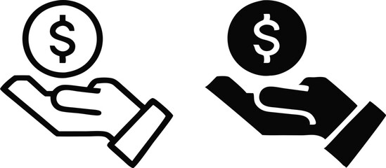 Save money icon. Money in hand, salary symbol. Flat and line icons. Vector