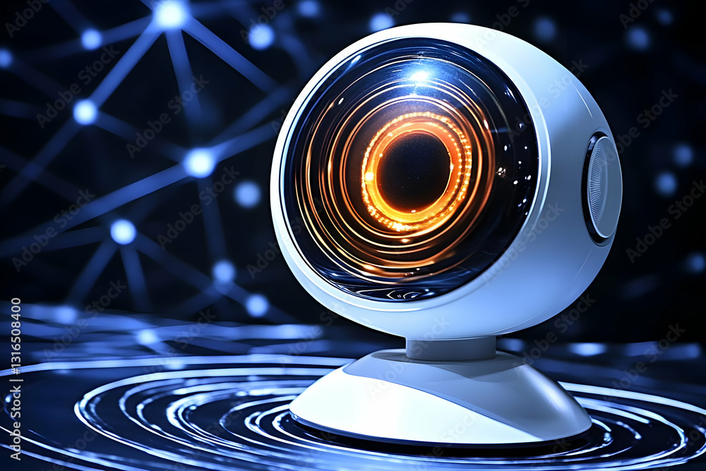 Poster futuristic webcam with glowing lens captures data streams on abstract background