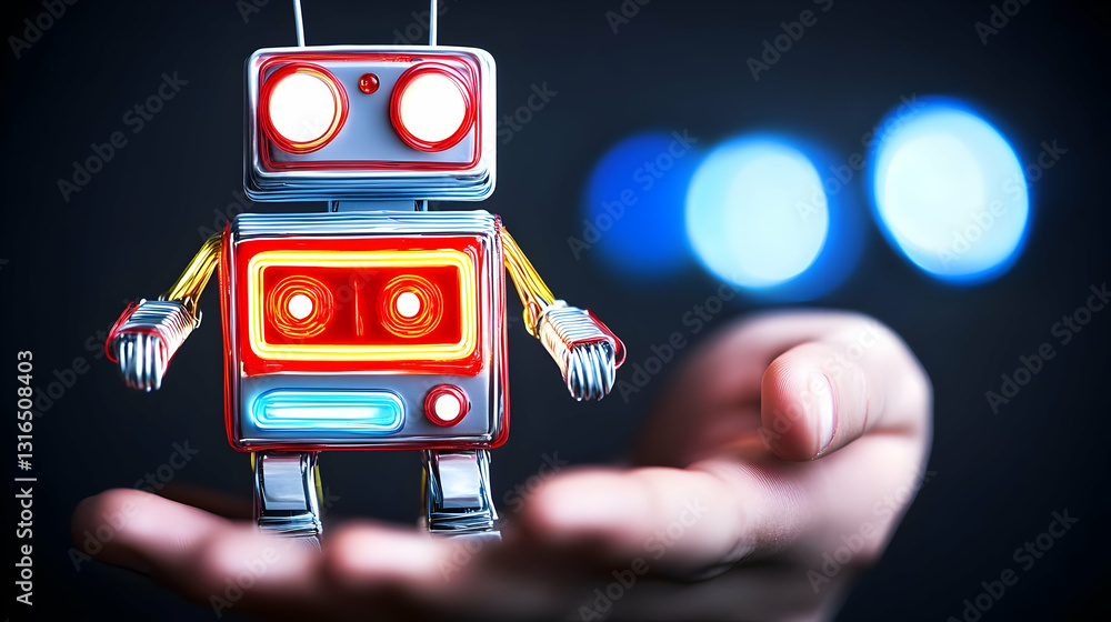 Poster 3d render of a retro robot held gently in a hand against a dark background with blue bokeh lights