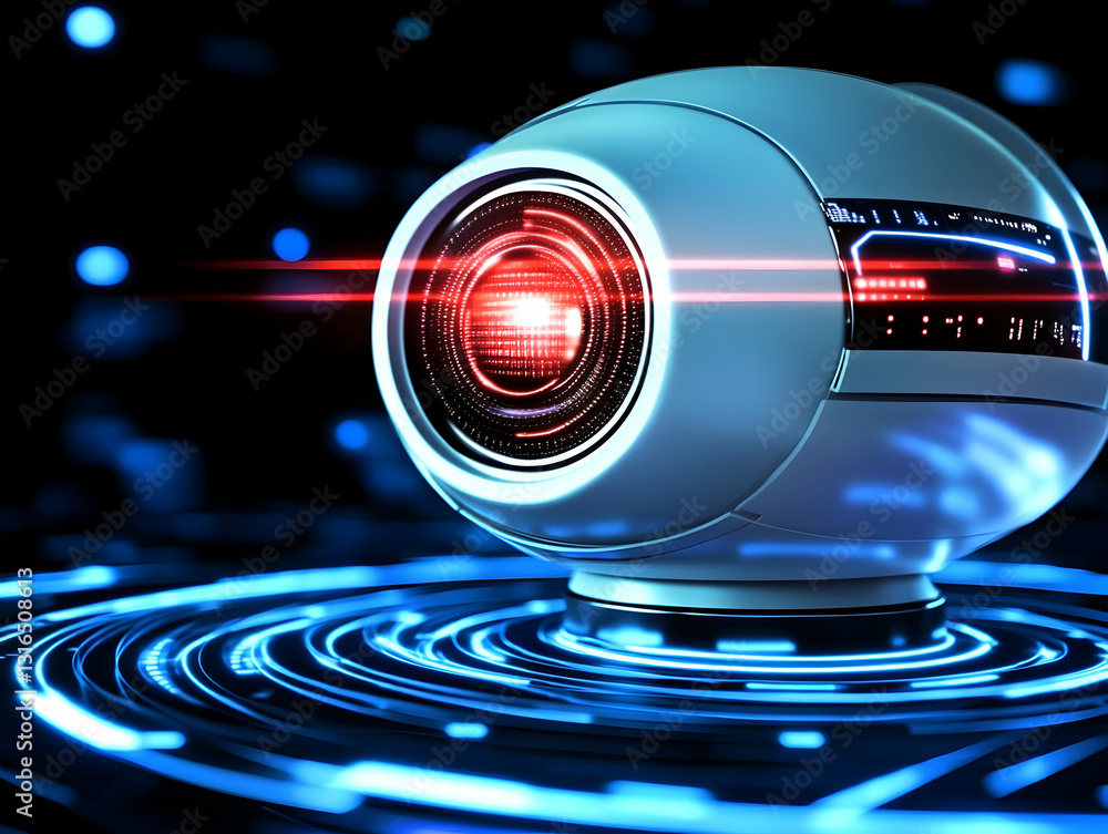 Poster futuristic 3d render of a robotic eye scanning with red laser beams on a blue circular platform