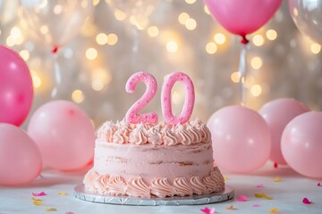 Celebrating a milestone birthday with a pink-themed cake and decorations