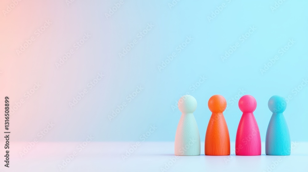Poster colorful figurines stand in a row against a gradient background, symbolizing diversity and unity in 