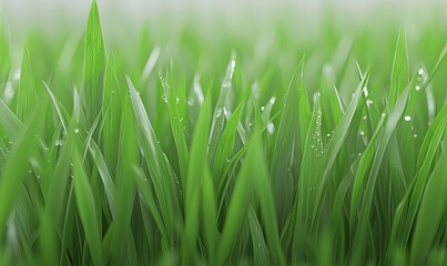 Fototapeta premium Close-Up View of Lush Green Grass with Dew Drops Captured in a Serene Outdoor Environment Highlighting Nature's Vibrancy and Freshness