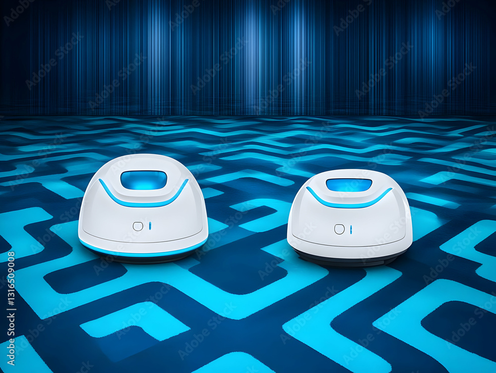 Poster abstract 3d render: two futuristic devices resting on a blue abstract background with a wave pattern