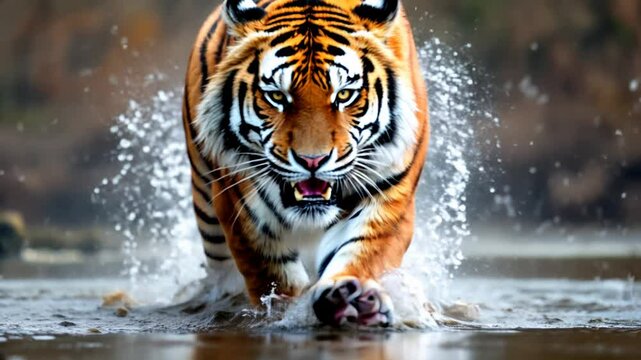 A Siberian tiger swimming in water with its striking black and white striped fur