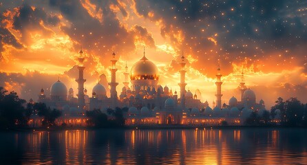 Majestic Palace Silhouetted Against a Vibrant Sunset Reflecting in Calm Waters