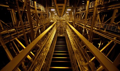 Obraz premium Intricate Steel Structure with Cascading Stairs Illuminated in Golden Light within Urban Industrial Setting