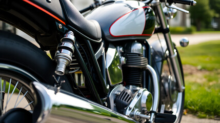 Obraz premium Stylish vintage motorcycle parked outdoors. Close-up of custom bike with shiny chrome details