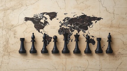 Black Chess Pieces on World Map Beige Background