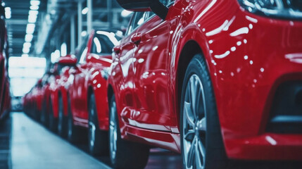 A striking view of shiny red cars lined up in a well-lit factory, showcasing industrial elegance and vibrant color.