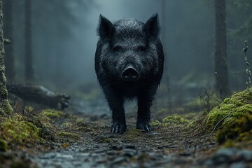 Wild boar emerging through fog in a dense forest
